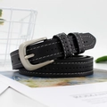 Women's black faux leather belt with white contrast stitching and silver pin buckle - Black