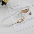 Elegant thin elastic waist belt with white faux pearls and golden metal buckle details - Standard Type / White