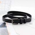 Sleek black skinny belt with gunmetal square buckle and fine stitching detail for women - Black
