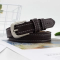 Deep brown faux leather belt with white stitching and silver buckle for women - Brown
