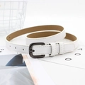Minimalist white faux leather skinny belt for women with dark grey metal D-buckle - White