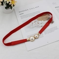 Elegant red elastic skinny belt for women with gold faux pearl buckle and leather detail - Standard Type / Red