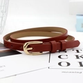 Slim caramel brown women's leather belt with a polished gold horseshoe buckle clasp - Red Brown