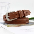 Brown leather waist belt with silver pin buckle and white decorative stitching details - Camel
