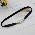 Elegant thin black elastic dress belt with gold double pearl buckle for women - Standard Type / Black