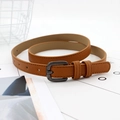 Women's thin camel brown leather belt with square dark grey metal pin buckle for jeans - Camel