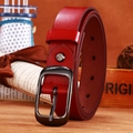 Chic red leather waist belt for women with high-shine dark grey metal pin buckle design - Black Buckle Red