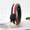 Rood wit blauw gestreepte canvas riem met gouden ronde gesp en zwarte imitatielederen eind - Rood Wit Blauw Gestreept