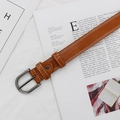 Brown leather waist belt with silver pin buckle and double white stitching detail - Camel