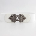 Vintage white elastic waist belt with antique silver floral buckle and faux leather finish - Small / White