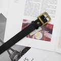 Minimalist black leather belt for women with vintage brass square buckle on a book - Black