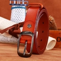 Classic brown leather belt with a brushed metal pin buckle for a casual stylish look - Black Buckle Camel