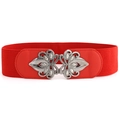 Elastic wide red cinch waist belt for women with silver floral butterfly buckle - Small / Red