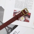 Vintage dark burgundy leather belt for women with a rectangular antique brass buckle - Reddish Brown