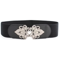 Vintage black elastic waist belt with symmetrical silver floral buckle for dresses - M / Black