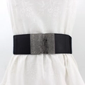 Elastic black waist belt for women with dark grey floral engraved metal buckle decoration - Rose Relief (EL99) / 75