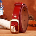 Women's bright red leather belt with polished gold pin buckle and smooth finish - Gold Buckle Red