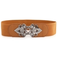 Vintage brown elastic wide waist belt with ornate silver floral interlocking buckle - Small / Camel