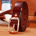 Classic dark reddish-brown leather belt for women with a polished gold-tone pin buckle - Gold Buckle Red Brown