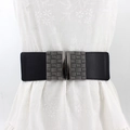 Women's black wide elastic waist belt with textured silver metal interlocking buckle - Weave Texture (EL98) / 75
