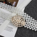 Elegant women's multi-row white pearl elastic belt with gold rhinestone circular buckle - Hollow Round Full Rhinestone Buckle Style (EL13-28)
