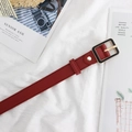 Slim dark red PU leather belt for women featuring a square black and gold buckle - Red