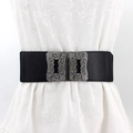 Women's black elastic corset belt featuring retro silver hollow floral metal buckles - Hollow Carved (EL97) / 75