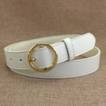 Minimalist white leather belt for women featuring a classic golden round metal buckle - White