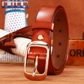 Reddish brown leather belt with gold pin buckle featuring five adjustment holes - Gold Buckle Camel