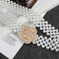 Elegant four-row white pearl elastic waist belt with a golden rhinestone camellia buckle - Camellia Shape Buckle Style (EL13-29)