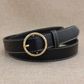 Retro black leather belt for women with white contrast stitching and a golden round buckle - Black