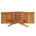 Women's wide elastic corset belt in brown leather with decorative lace-up bow design - Camel