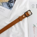 Women's dark brown PU leather belt with minimalist square black and gold buckle - Camel