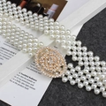 Three-row pearl elastic belt for women featuring a round golden rhinestone buckle - Radiant Pattern Rhinestone Buckle Style (EL13-30)