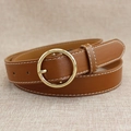 Brown leather belt for women featuring a gold circular buckle and white contrast stitching - Camel