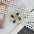 Elegant four-row pearl elastic waist belt with vintage gold floral rhinestone buckle - Multicolor Floral Buckle Style (EL13-31)