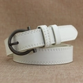 Retro white leather belt with double stitching and a bronze circular pin buckle - White