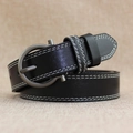 Classic black leather belt with white double stitching and gunmetal horseshoe buckle - Black