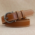 Retro brown leather waist belt with white double stitching and matte horseshoe buckle - Camel