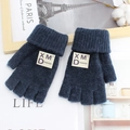 Men's winter navy blue convertible knitted fingerless gloves with warm fleece flip cover - One Size / Navy Blue