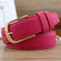 Women's rose red PU leather belt with golden pin buckle and textured litchi grain finish - Rose Red