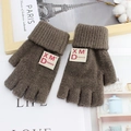 Dark brown men's fingerless knit gloves with ribbed cuffs and fashion patch - One Size / Korean Coffee