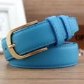 Women's light blue leather belt with lychee texture and golden U-shaped buckle - Sky Blue