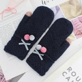 Thick navy blue winter mittens with fuzzy pom poms and touch screen thumb design - Navy Blue