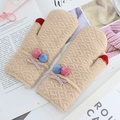 Beige cable knit mittens with plush colorful pom-poms and bow decoration for women - Pink Beige