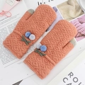Coral orange winter knit mittens with fur pom poms and touchscreen finger pads - Korean Pink