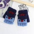 Kids navy blue knitted reindeer flip-top gloves with warm blue color-block design - Navy Blue