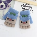 Cute blue and beige deer knitted flip top mittens with pink pom pom for children - Light Denim Blue