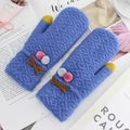 Sky blue knit mittens with yellow tips, plush pom-poms, and bow details for winter warmth - Medium Blue