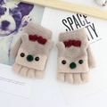 Kids knitted fingerless flip top gloves in beige with cute cartoon deer pattern - Camel